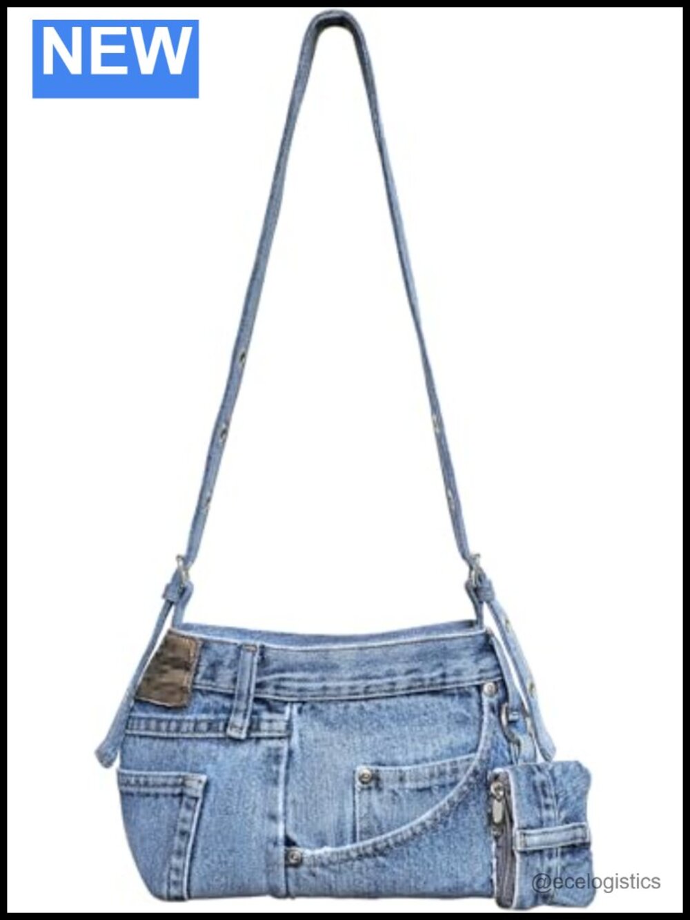 Upcycled Denim Shoulder Bag with Belt Buckle Detail, Adjustable Crossbody Purse